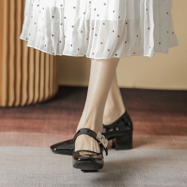 Square head retro French leather shoes leather rhinestone square button Ballet flat women's single shoes Mary Zhen shoes autumn 