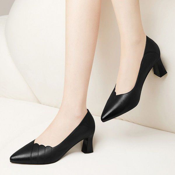 Pointed genuine leather high heels, women's thick ...