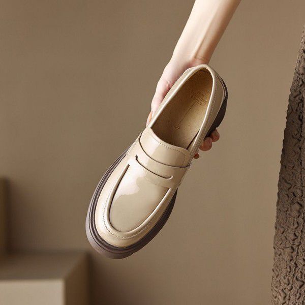 Small leather shoes for women in spring New British style jk thick heel thick soled Slip-on shoe for women's college casual black single shoes 