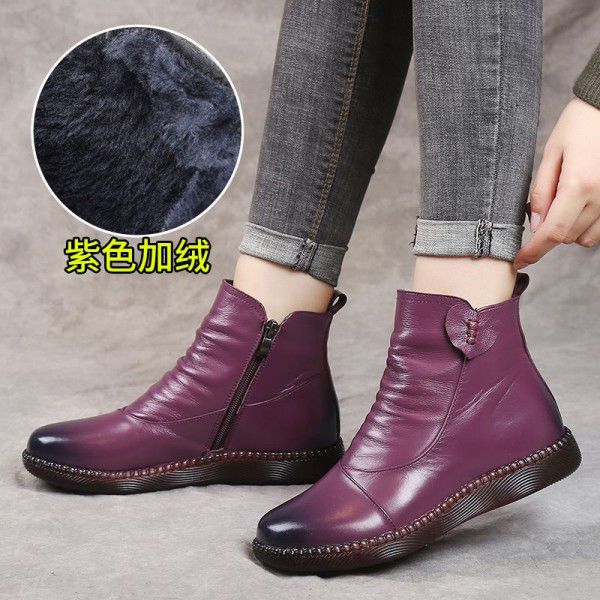 Cotton shoes, genuine leather women's shoes, winter short boots, middle-aged warm, plush, non slip, comfortable mid leather shoes 
