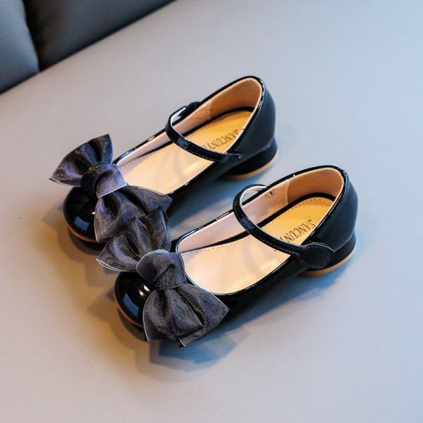 Girls' Shoes Princess Autumn New Bow Children's Heel Small Leather Shoes Lacquer Leather Middle and Big Children's Single Shoes 
