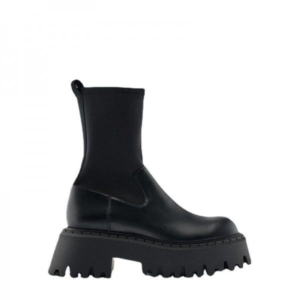 Autumn and Winter New Women's Boots Black Side Zipper Thick Sole Heightened Dark Slim Elastic Mid Sleeve Martin Boots 