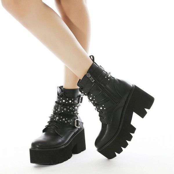 Autumn and Winter New Martin Boots Lace up Women's Boots Thick Bottom Rivet Side Zipper Short Boots Women 