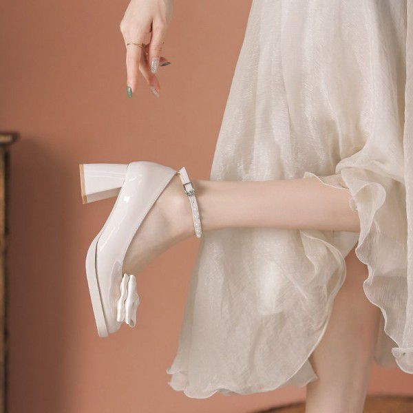 Mary Jane Shoes Women's Spring and Autumn French Girls' High Heels Versatile Thick Heel Shoes Temperament Celebrity Bridesmaid Shoes 