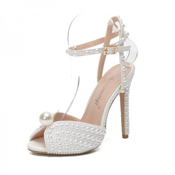Autumn New Fish Mouth High Heels Slim Heels Shallow Mouth Water Diamond Pearl Women's Single Shoes Wedding Dress Bridal Wedding Shoes 