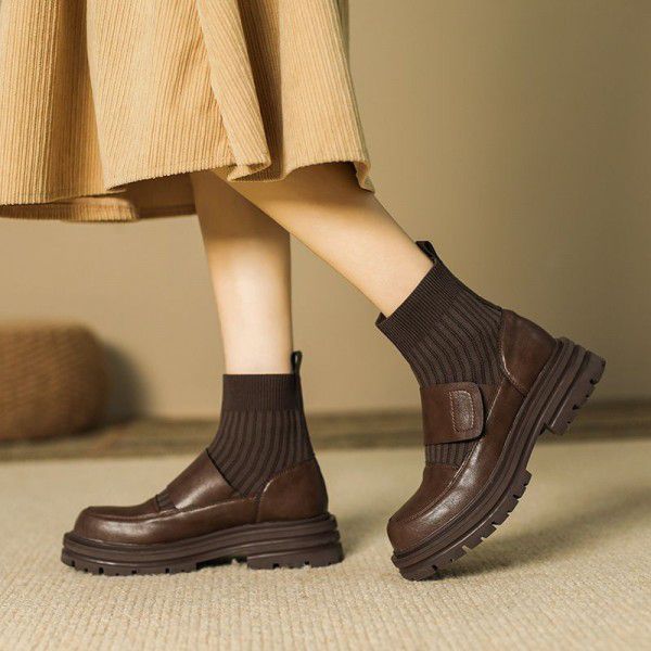 Autumn and Winter New Elastic Hosiery Boots Women's Lefufei Weaving Warm and Slim Short Boots English Style Coarse Heel Martin Boots 