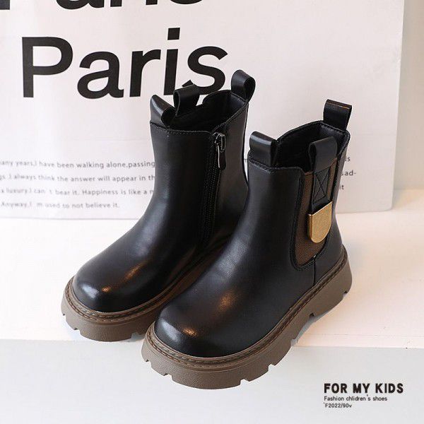 Girls' Martin Boots Genuine Leather Black Mid Sleeve Short Boots Autumn New Children's Boots British Style Metal Fashion Boots 