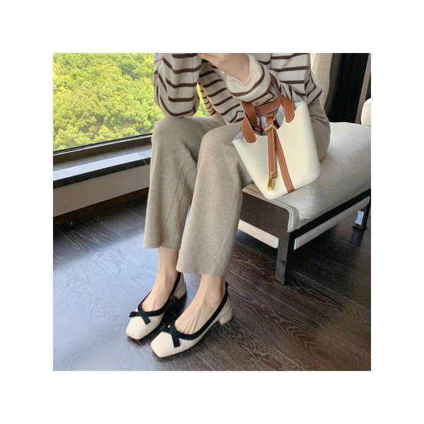 Single Shoe Women's Thick Heel Shallow Mouth Spring and Autumn New Mid Heel High Heels French Square Head Small Fragrant Genuine Leather Mary Jane Women's Shoes 
