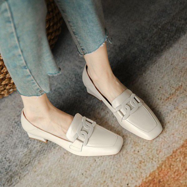Spring and Autumn New Genuine Leather Leisure Lefu Women's Single Shoes Korean Edition Comfortable Middle Heel Shoes Square Headed Retro Commuter Women's Shoes 