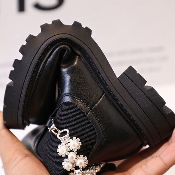 Girls' Genuine Leather Beaded Martin Boots Autumn New Little Leather Boots Black Smoke Pipe Boots Little Girls' Low Barrel Short Boots 