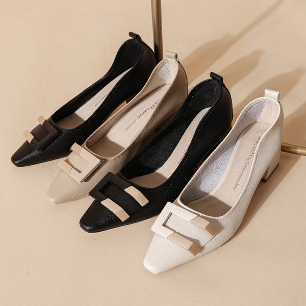 Genuine leather high heels, women's thick heels, square toe, soft leather autumn shoes, fairy spring and autumn single shoes, women's grandmother shoes 