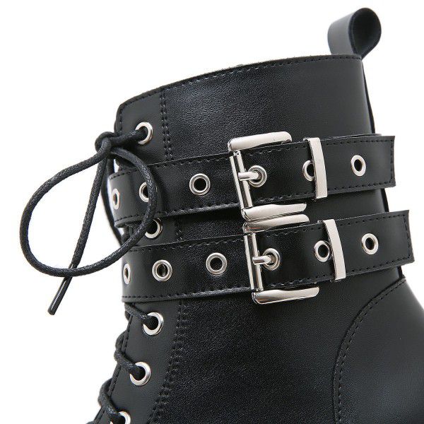 Autumn Thick Heel Waterproof Platform Martin Boots Metal Belt Buckle 