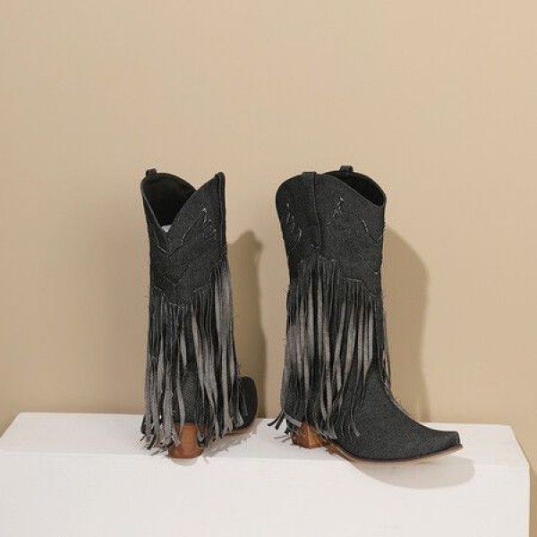 Vintage medium heel high boots Denim tassel boots women's boots 