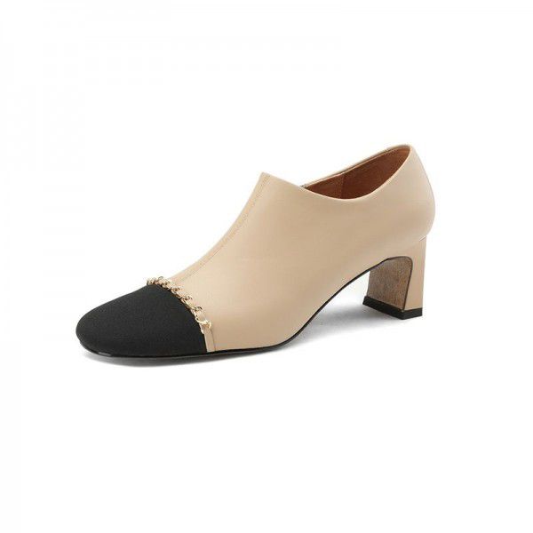 High Heels Women's Spring and Autumn New Thick Heels Retro Square Head Fairy Style Single Shoes Fashion Colored Leather Shoes 