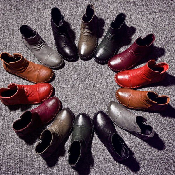 Autumn New Genuine Leather Short Boots Casual Flat Bottom Versatile Round Head Leather Boots 