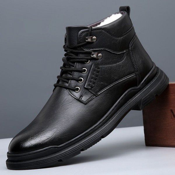 Plush Martin boots, autumn and winter new men's shoes, round toe work boots, Korean version trend leather boots, retro men's short boots 