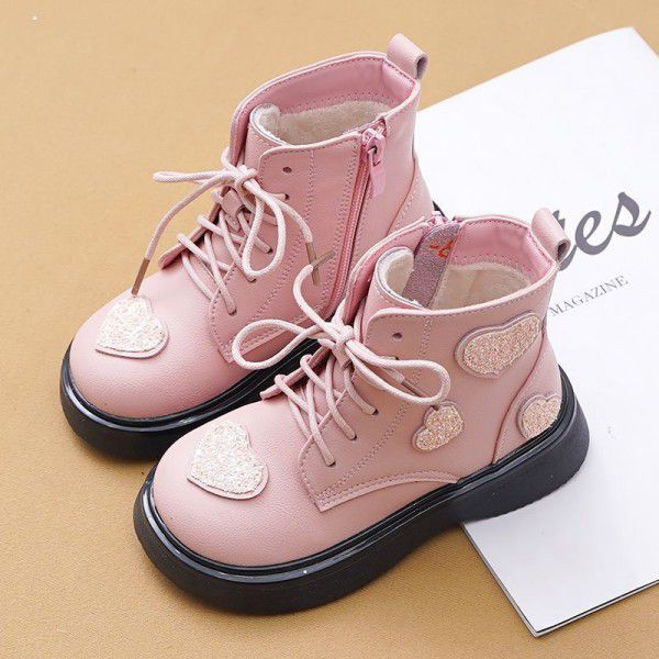 Girls' Martin boots, short boots, soft sole single boots, plush British style princess boots, cotton boots, autumn and winter children's shoes 