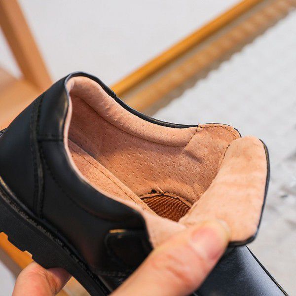 Boys' leather shoes with genuine leather and soft soles, little boys' black spring British style student performance children's shoes 