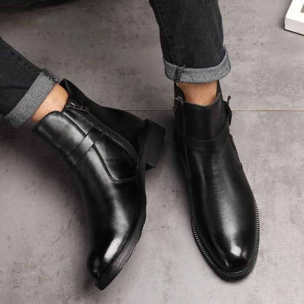 Winter Soft Leather Men's English Short Boots with Cotton Boots Chelsea Large 