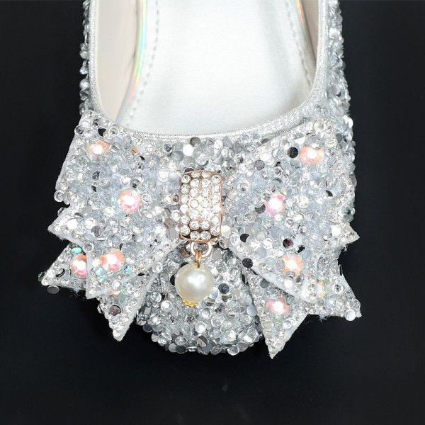 Girls' leather shoes, high heels, children's crystal single shoes, girls' silver dresses, big children's princess shoes 