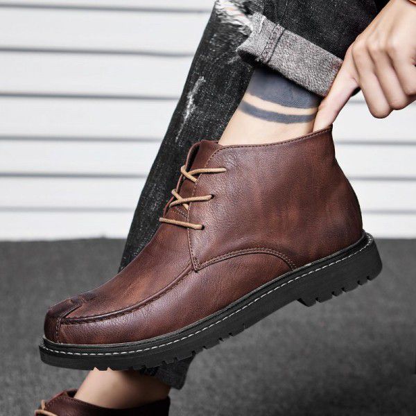 High top leather shoes, men's versatile British casual shoes, plush insulation, autumn and winter new trend Martin boots 