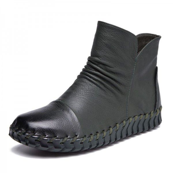 Autumn New Genuine Leather Short Boots Casual Flat Bottom Versatile Round Head Leather Boots 