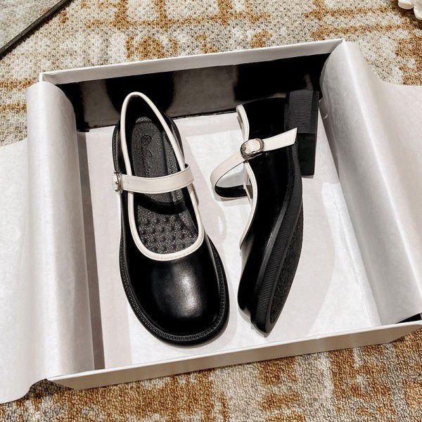 French genuine leather Mary Jane shoes women's season new thick heel flat sole single shoe retro and gentle 