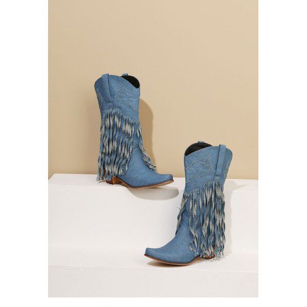 Vintage medium heel high boots Denim tassel boots ...