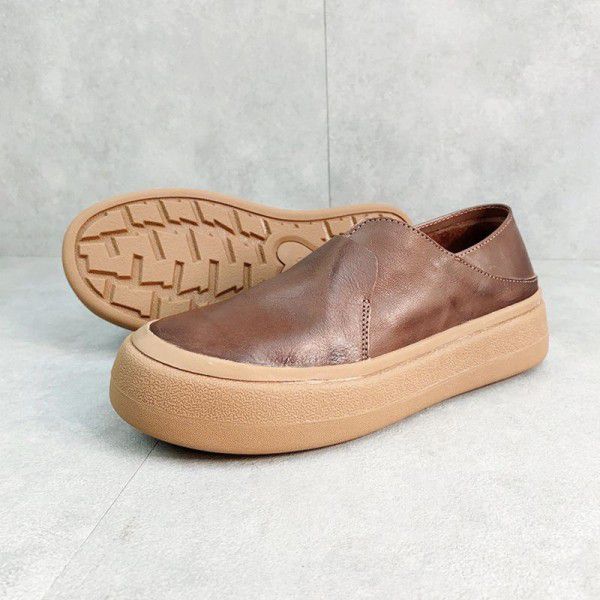 Spring New Handmade Genuine Leather Women's Shoes Sen Series Vintage Style Round Head Comfortable Matsutake Thick Sole Literary Single Shoes for Women 