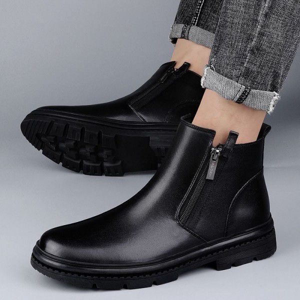 New men's Korean version minimalist British boots, leather boots, mid upper Martin boots, side zipper, Lefu short boots, cotton boots, men's 