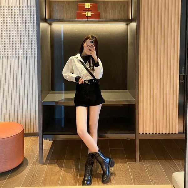 Thick heeled high heeled British style genuine leather Martin boots with black lace up round toe mid length versatile short boots 