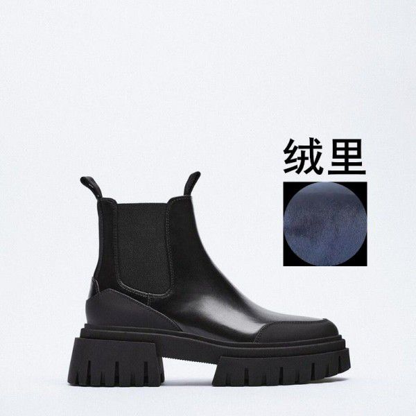 Autumn and Winter New Women's Shoes Black Round Head Thick Sole Dark Gear Shoes Chelsea boot High Heel Martin Boots 