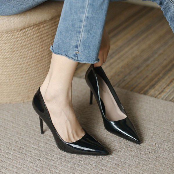 Spring New High Heels Women's Lacquer Leather French Single Shoes Pointed Toe Shallow Mouth Professional Slim Heels Work Shoes 