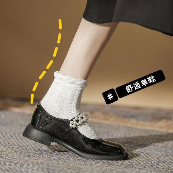 Mary Jane single shoe flat bottom with skirt JK uniform pearl round head lolita cute big head doll small leather shoes female 