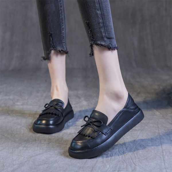 Women's casual single shoes Leather top layer Cowhide versatile retro small leather shoes Low top soft soled Slip-on shoe for women 
