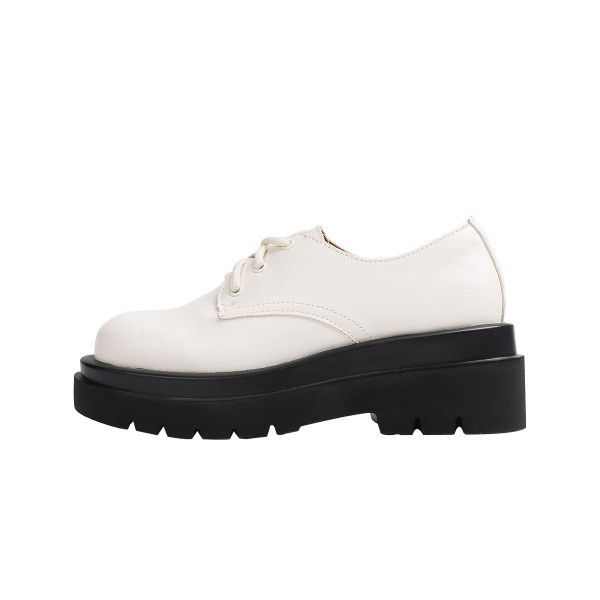 English style small leather shoes with round toe tie up and thick sole, high heel, handsome and versatile Korean version single shoe for women 