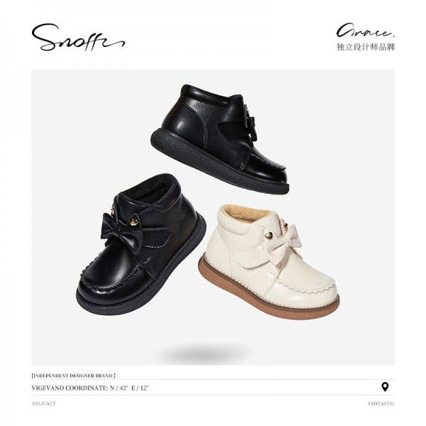 New Girls' Leather Boots Baby Single Boots Princess Genuine Leather Plush Shoes Children's Cotton Boots Girl 