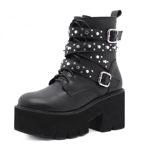 Autumn and Winter New Martin Boots Lace up Women's Boots Thick Bottom Rivet Side Zipper Short Boots Women 