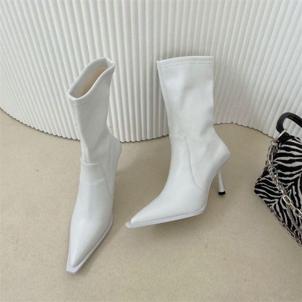 New High Heel Short Sleeve runway Boots Pointed toe Thin Heel Women's Shoes and Boots Elastic Soft Leather Fashion Boots for Women 