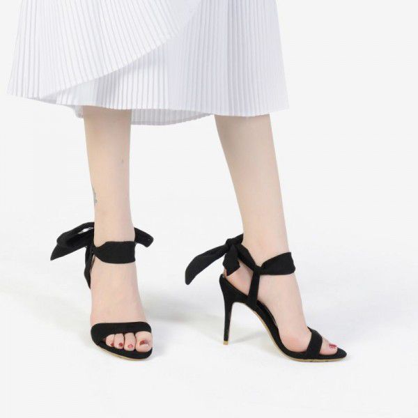 New style one line suede bow tie super high heels, slim heels, sandals, women's summer 
