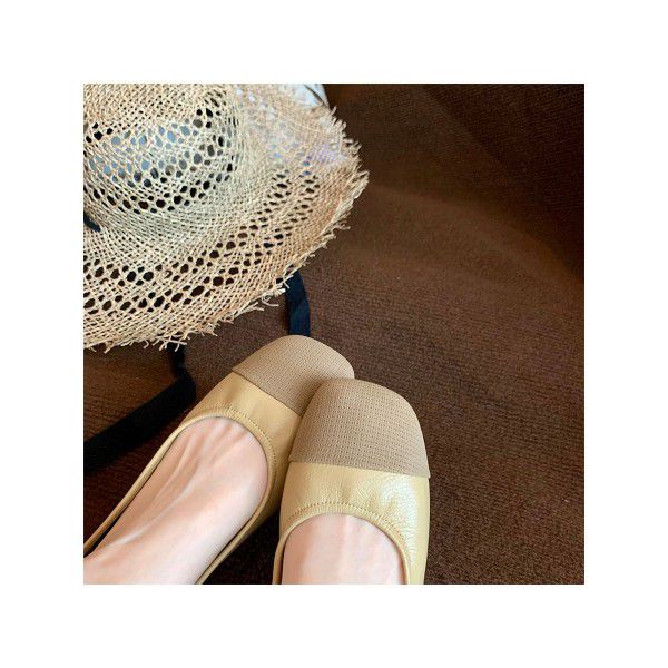 Soft soled thick heeled small fragrant style color matching light cut versatile flat sole single shoes for women in summer 