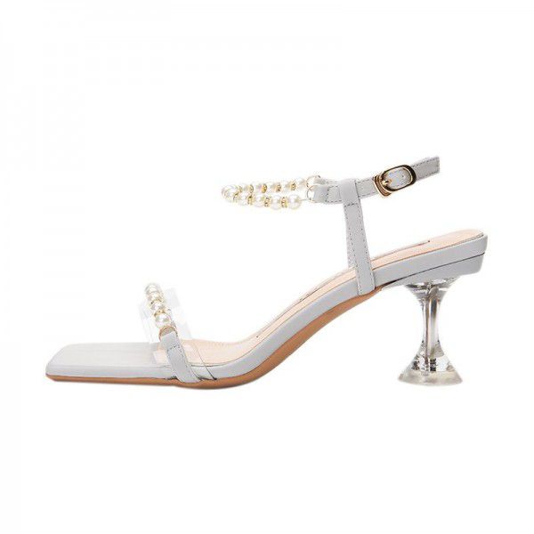 Pearl Sandals Women's Middle Heel New Thin Heel High Heel Summer Korean Student Fairy Caligae Shoes 