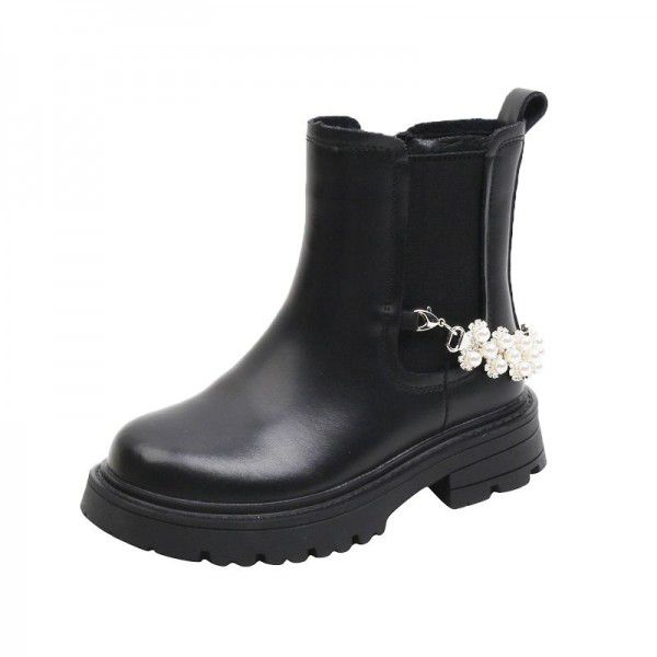Girls' Genuine Leather Beaded Martin Boots Autumn New Little Leather Boots Black Smoke Pipe Boots Little Girls' Low Barrel Short Boots 