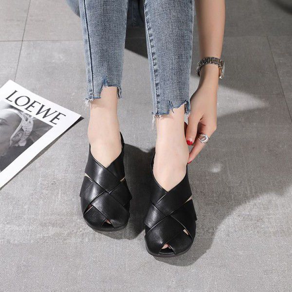 Spring and Summer New Women's Shoe Top Layer Cowhide Comfortable Soft Sole Round Head Hollow Flat Sole Single Shoe 