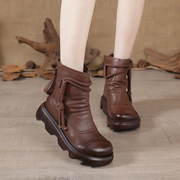 New Genuine Leather Women's Boots Short Boots Women's Matsutake Thick Sole Martin Boots Women's Retro 