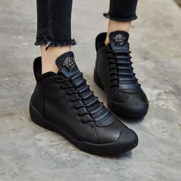 Soft Flat Bottom Casual Shoes Women's Genuine Leather New Leather Shoes Spring Sports Shoes Travel Mom Single Shoes Korean Version Versatile Black 