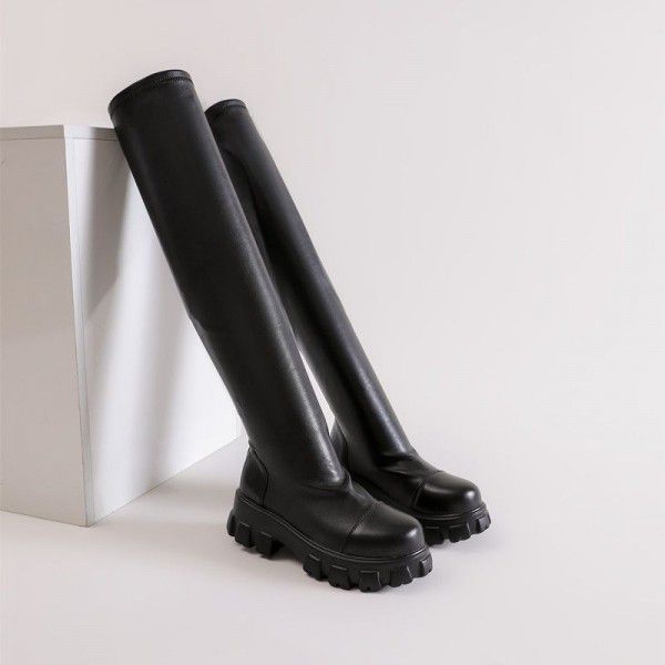 Thick sole elastic boots, women's candy colored knee boots, personalized trend, versatile sock boots 