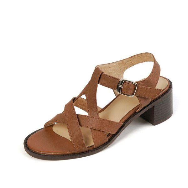 Spring/Summer Roman Style Retro Belt Buckle Thick Heel Women's Sandals Casual Full Leather Commuter Mid High Heels 