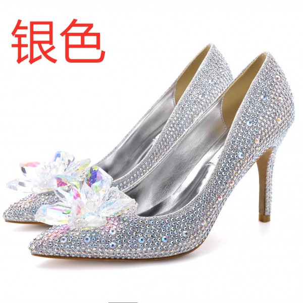 Crystal Shoes Pointed Thin Heels Sexy Shallow Mouth Women's High Heels Women's Silver Rhinestone Wedding Shoes 
