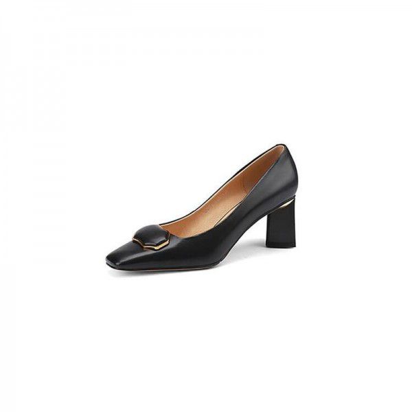 Sheepskin high heels, thick heels, square toe, cow tendon soles, commuting women's single shoes 
